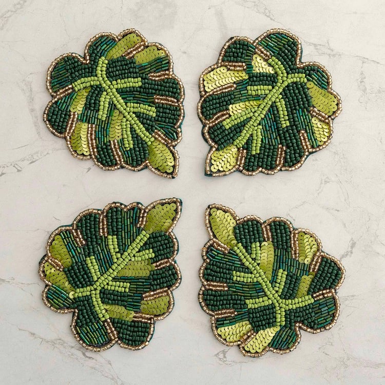 Courage Green Leaf Beaded Glass Coaster - Set of 4
