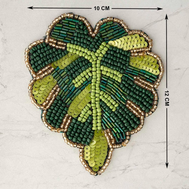 Courage Green Leaf Beaded Glass Coaster - Set of 4