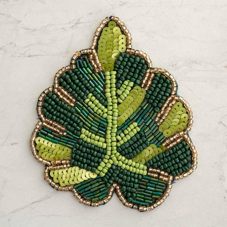 Courage Green Leaf Beaded Glass Coaster - Set of 4