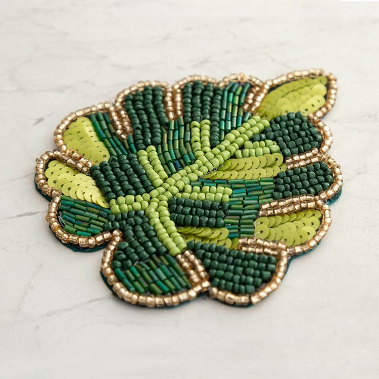Courage Green Leaf Beaded Glass Coaster - Set of 4