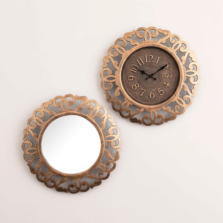 Ananda Textured Brown Wall Clock and Mirror Set