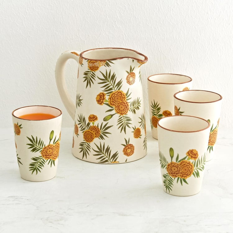 Prosperity Multicolour Printed Stoneware Jug and Tumbler Set - 5Pcs