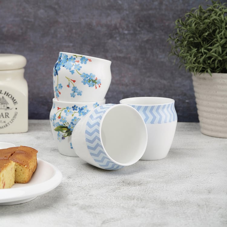 Clay Craft White And Blue Ceramic Chai Kulhad - 240ml - Set of 4