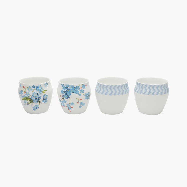 Clay Craft White And Blue Ceramic Chai Kulhad - 240ml - Set of 4