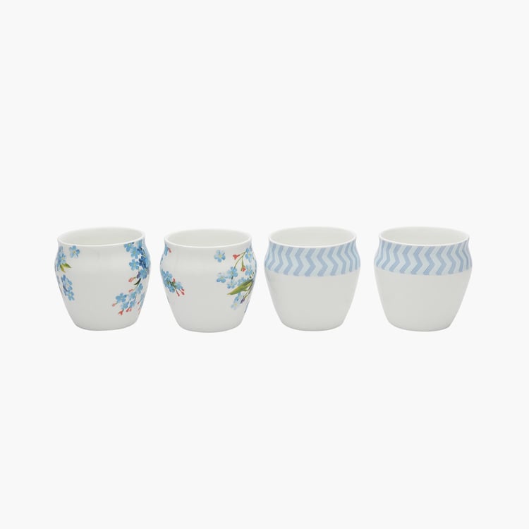 Clay Craft White And Blue Ceramic Chai Kulhad - 240ml - Set of 4