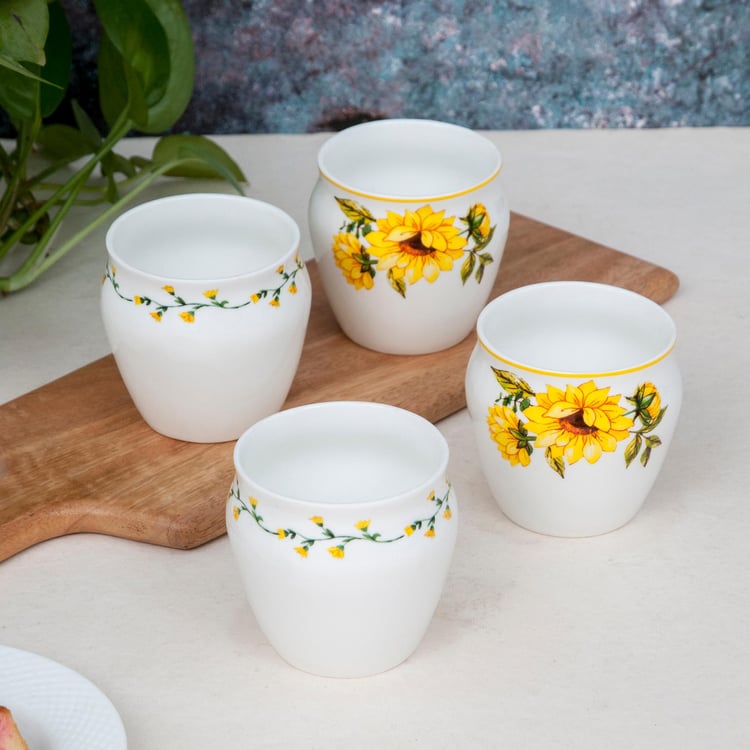 Clay Craft White And Yellow Ceramic Chai Kulhad - 240ml - Set of 4
