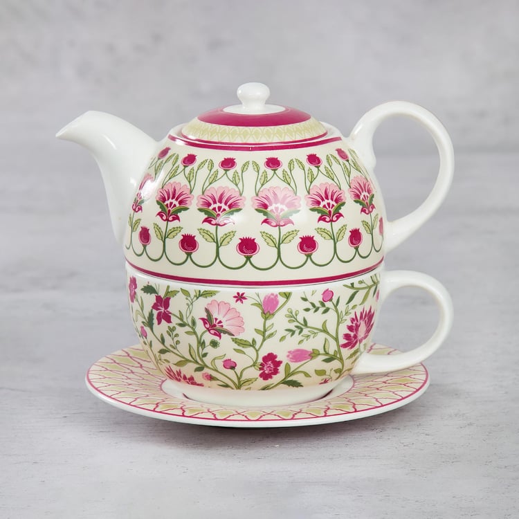 Clay Craft India Circus Rose Mellow Multicolour Ceramic Tea Set For One - 3Pcs