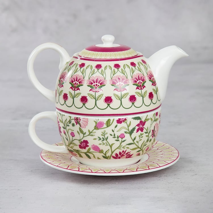 Clay Craft India Circus Rose Mellow Multicolour Ceramic Tea Set For One - 3Pcs