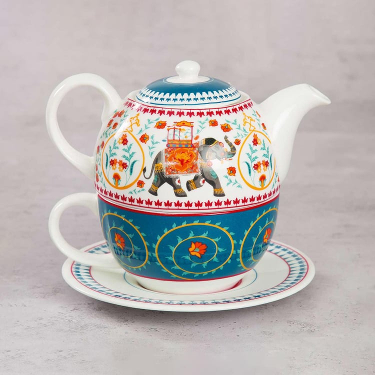 Clay Craft India Circus Swirling Safari Teal Ceramic Tea Set For One - 3Pcs