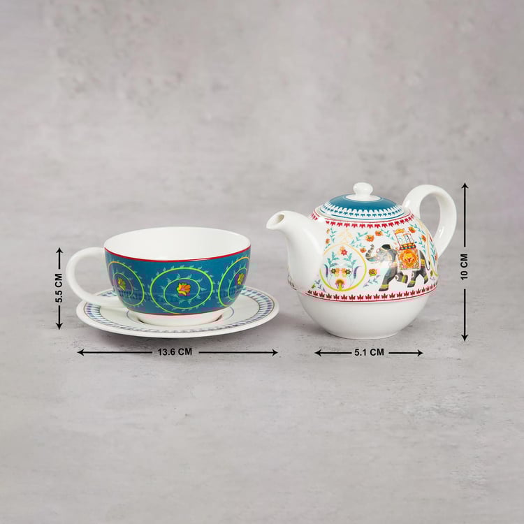 Clay Craft India Circus Swirling Safari Teal Ceramic Tea Set For One - 3Pcs