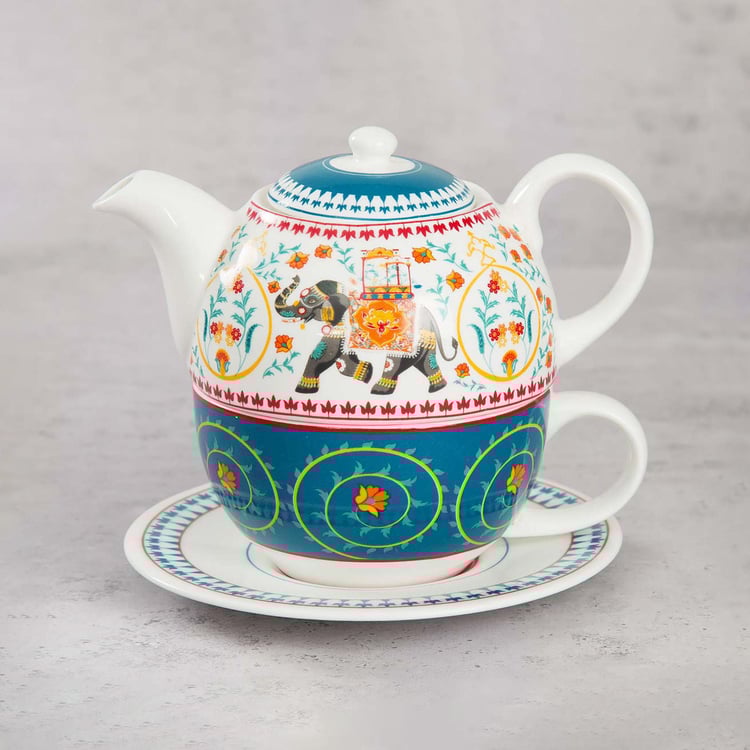 Clay Craft India Circus Swirling Safari Teal Ceramic Tea Set For One - 3Pcs