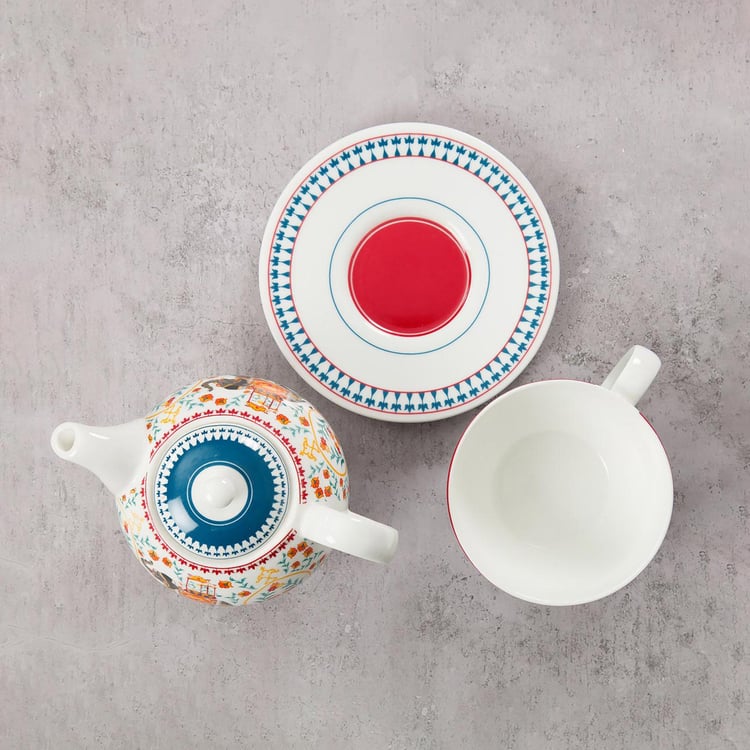 Clay Craft India Circus Swirling Safari Teal Ceramic Tea Set For One - 3Pcs