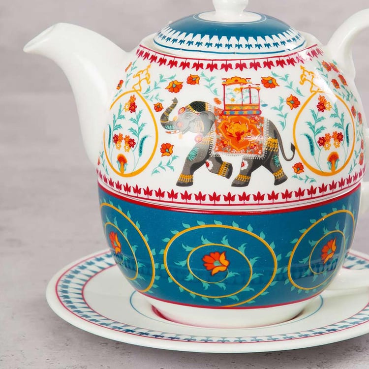 Clay Craft India Circus Swirling Safari Teal Ceramic Tea Set For One - 3Pcs