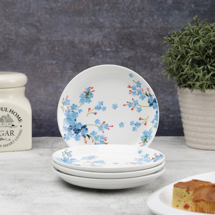 Clay Craft White And Blue Ceramic Snack Plate - 14Cm - Set Of 4- Assorted Design