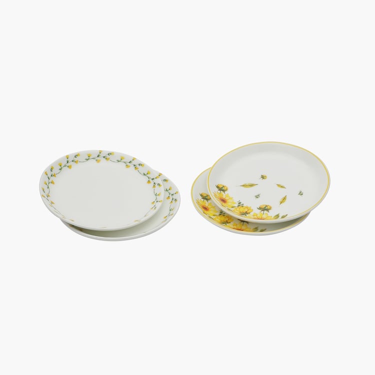 Clay Craft White And Yellow Ceramic Snack Plate - 14cm - Set of 4
