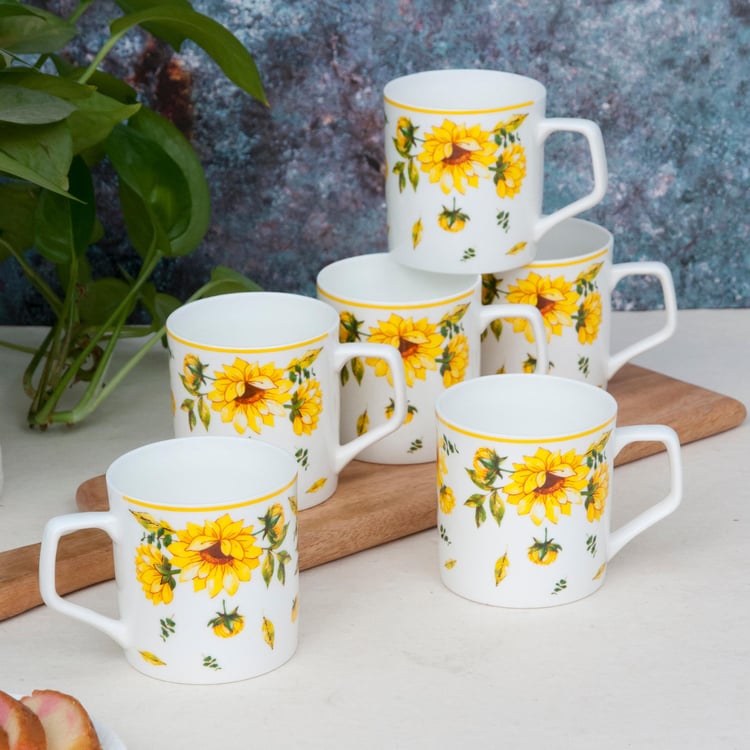 Clay Craft White And Yellow Printed Ceramic Mug - 230ml - Set of 6
