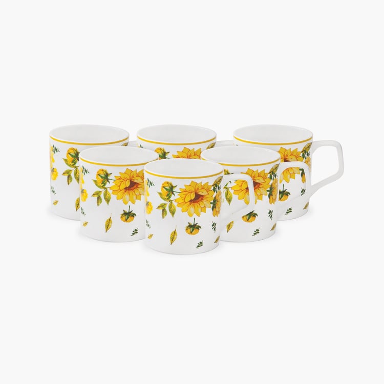 Clay Craft White And Yellow Printed Ceramic Mug - 230ml - Set of 6