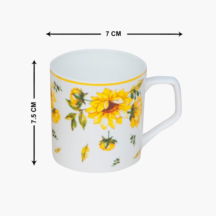 Clay Craft White And Yellow Printed Ceramic Mug - 230ml - Set of 6