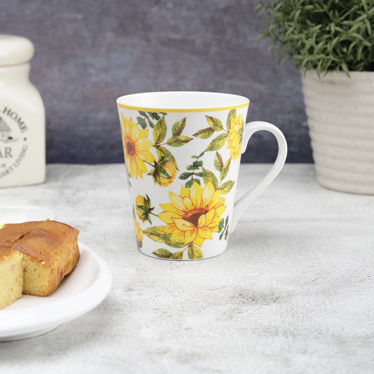 Clay Craft White And Yellow Printed Ceramic Mug - 330ml - Set of 2