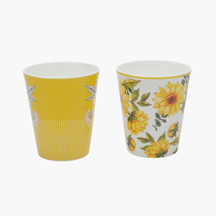 Clay Craft White And Yellow Printed Ceramic Mug - 330ml - Set of 2