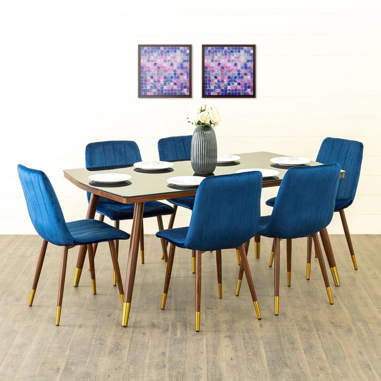 Noir Novelty Glass Top 6-Seater Dining Set with Chairs - Blue