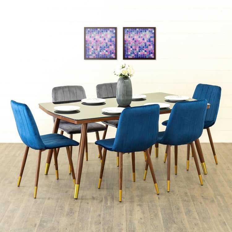 Noir Novelty Glass Top 6-Seater Dining Set with Chairs - Blue and Grey