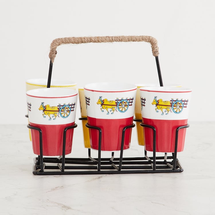 Joy Delight Printed Multicolour Bone China 6-Piece Tea Set with Stand