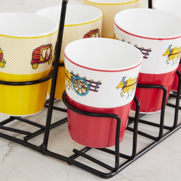 Joy Delight Printed Multicolour Bone China 6-Piece Tea Set with Stand