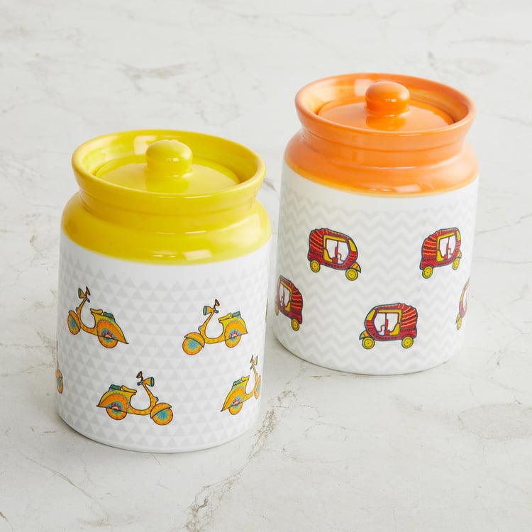 Joy-Delight Multicolour Bone China Canister with Lid - 650ml - Set Of 2