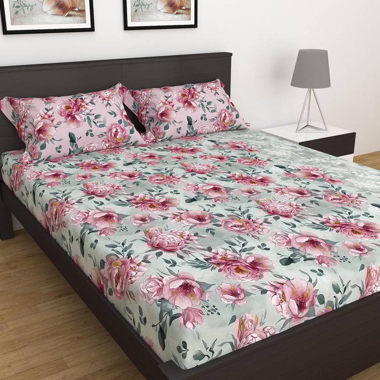 SPACES Miami Pink Floral Printed Double Bedsheet Set- 3pcs