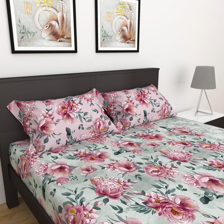 SPACES Miami Pink Floral Printed Double Bedsheet Set- 3pcs