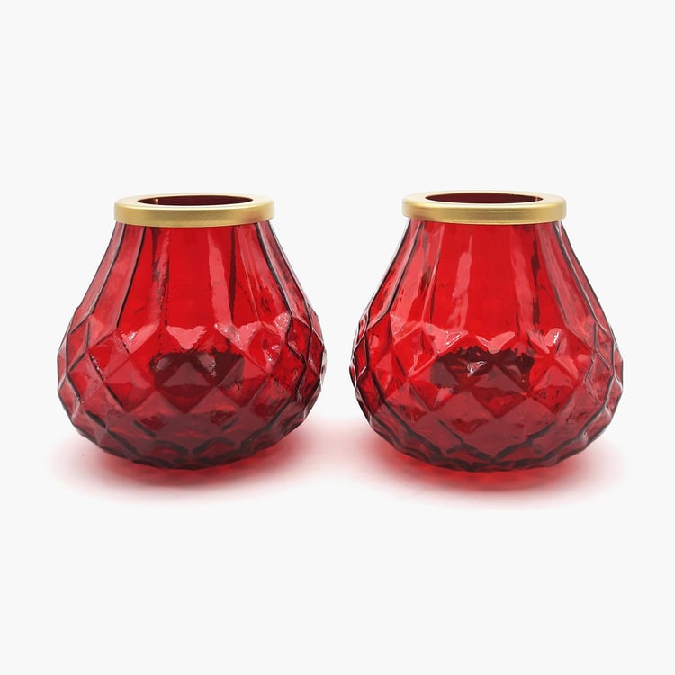 Corsica Red Embossed Glass T-Light Holder- Set Of 2