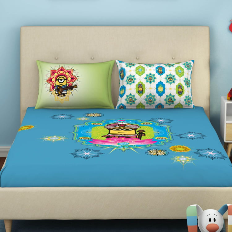 SPACES Universal Masala Minions - Blue Printed Double Bedsheet Set-3Pcs