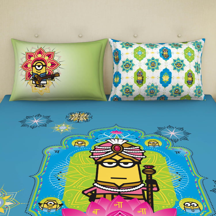 SPACES Universal Masala Minions - Blue Printed Double Bedsheet Set-3Pcs