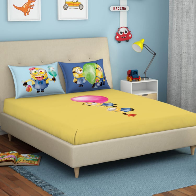 SPACES Universal Water Colour Minions Yellow Printed Double Bedsheet Set-3Pcs