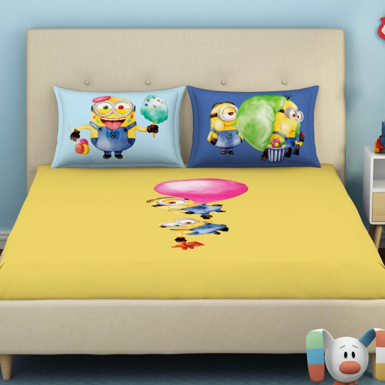 SPACES Universal Water Colour Minions Yellow Printed Double Bedsheet Set-3Pcs