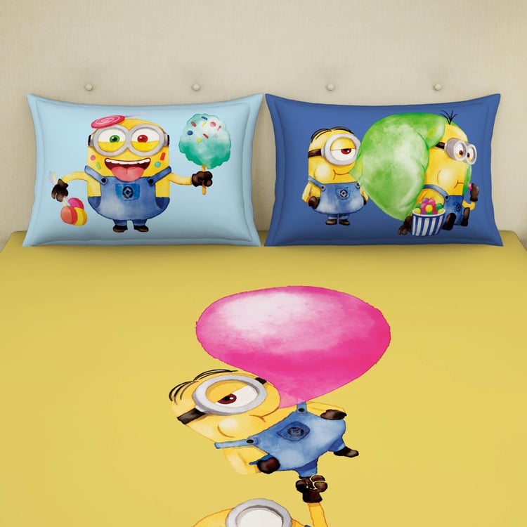 SPACES Universal Water Colour Minions Yellow Printed Double Bedsheet Set-3Pcs