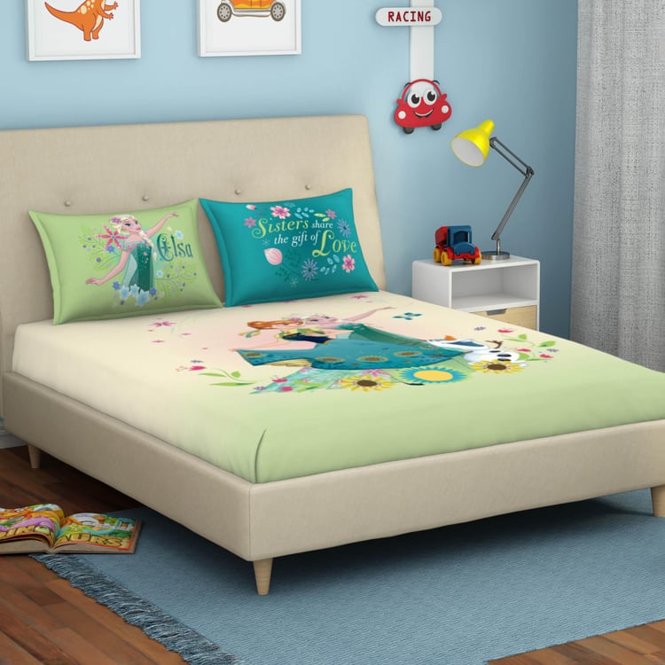 SPACES Disney Frozen - Printed Green Cotton Double Bedsheet Set - 3Pcs