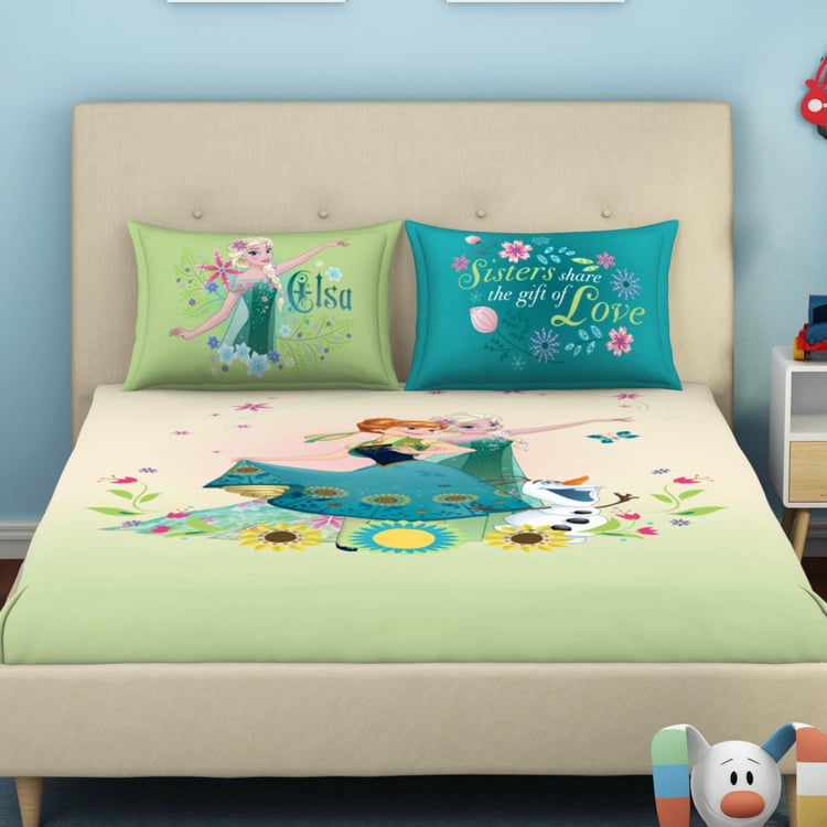 SPACES Disney Frozen - Printed Green Cotton Double Bedsheet Set - 3Pcs