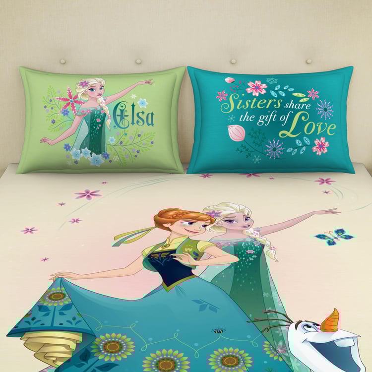 SPACES Disney Frozen - Printed Green Cotton Double Bedsheet Set - 3Pcs