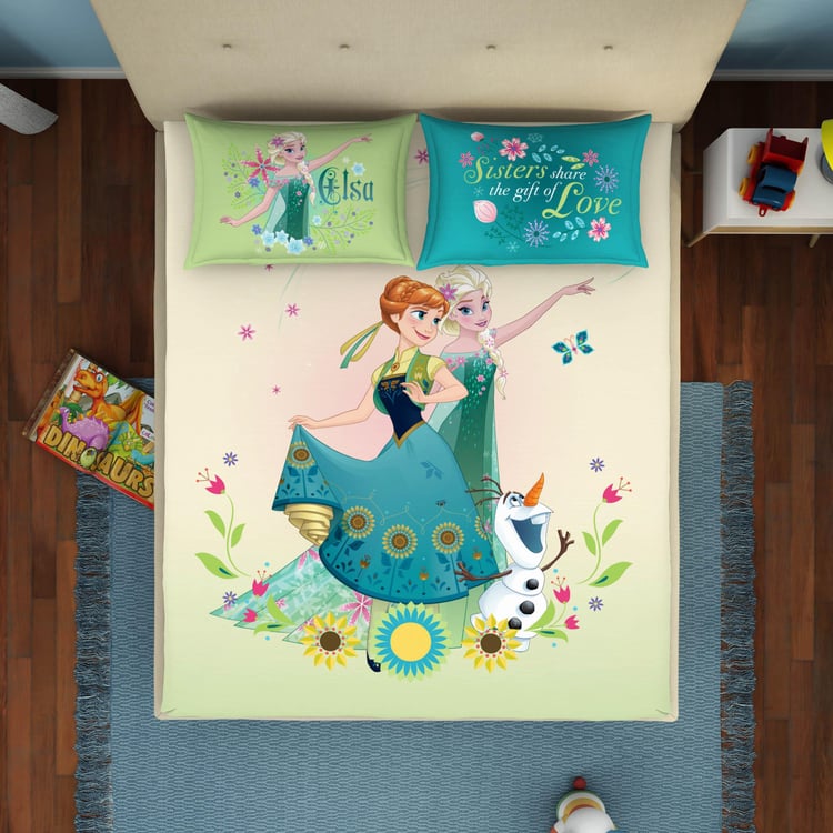 SPACES Disney Frozen - Printed Green Cotton Double Bedsheet Set - 3Pcs