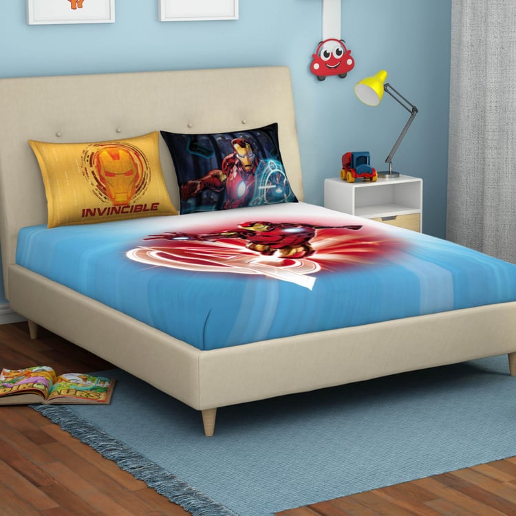 SPACES Marvel Ironman Blue Printed Cotton Double Bedsheet Set-3 Pcs