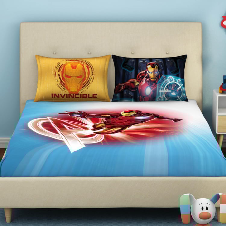 SPACES Marvel Ironman Blue Printed Cotton Double Bedsheet Set-3 Pcs
