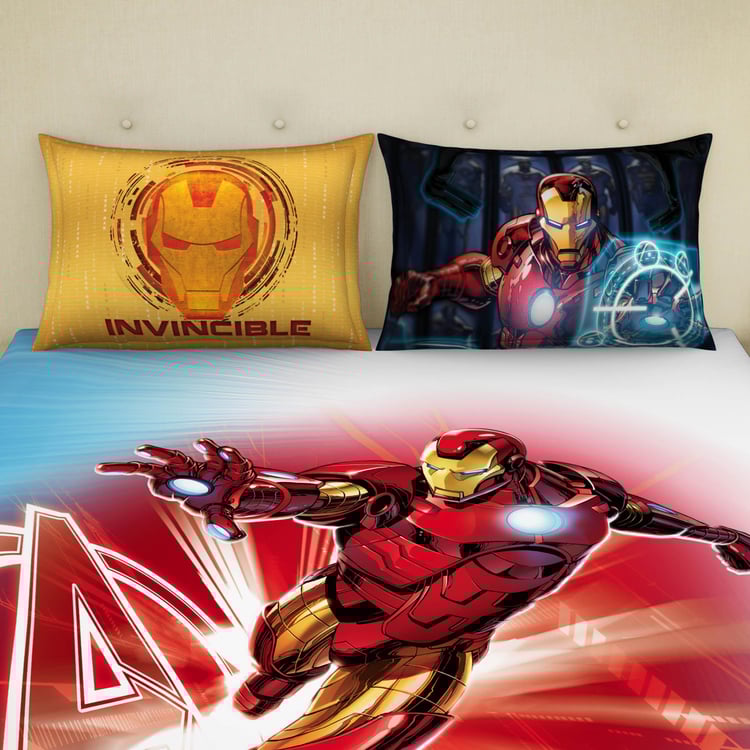 SPACES Marvel Ironman Blue Printed Cotton Double Bedsheet Set-3 Pcs