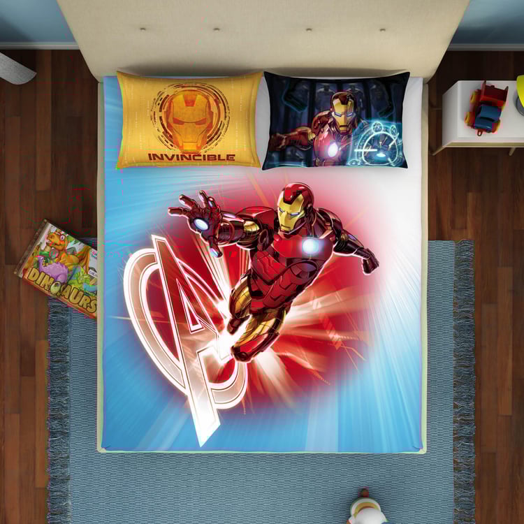 SPACES Marvel Ironman Blue Printed Cotton Double Bedsheet Set-3 Pcs