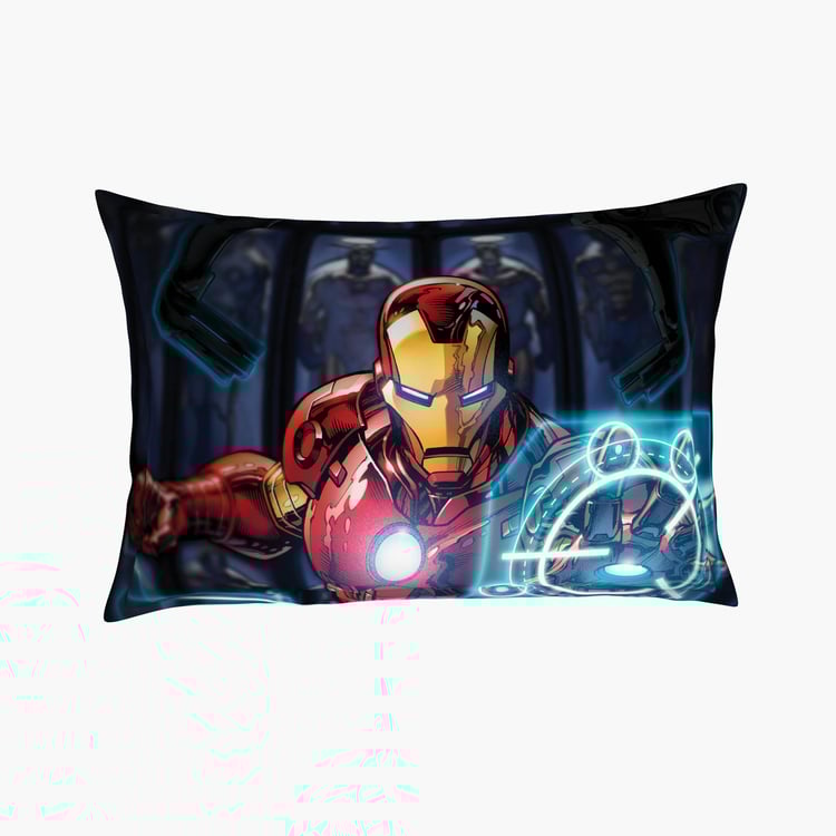 SPACES Marvel Ironman Blue Printed Cotton Double Bedsheet Set-3 Pcs