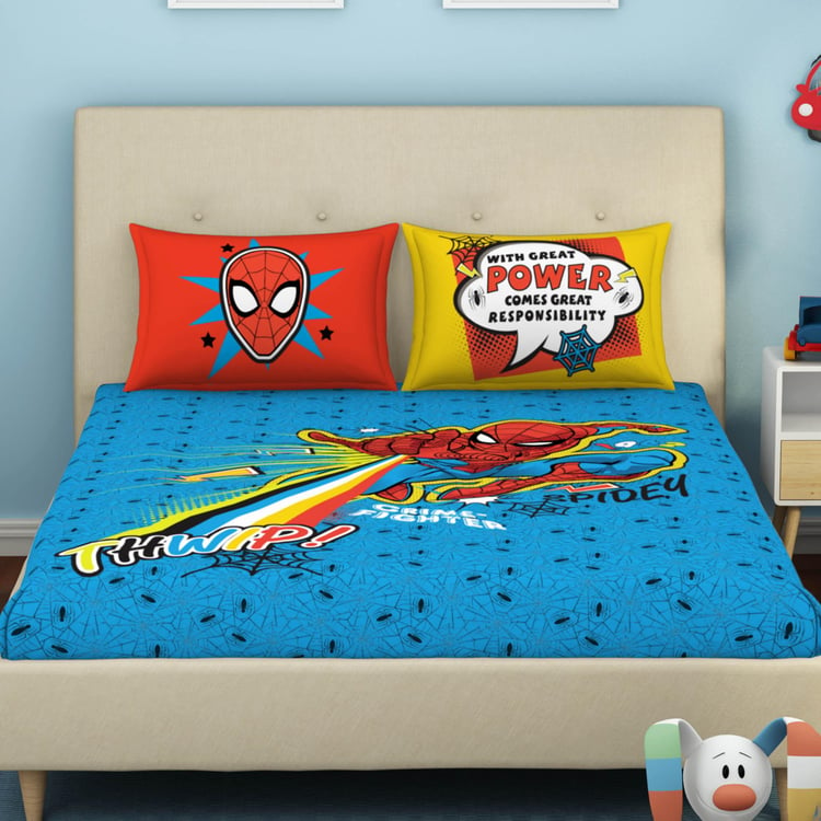 SPACES Marvel Spiderman Blue Printed Cotton Double Bedsheet Set-3pcs