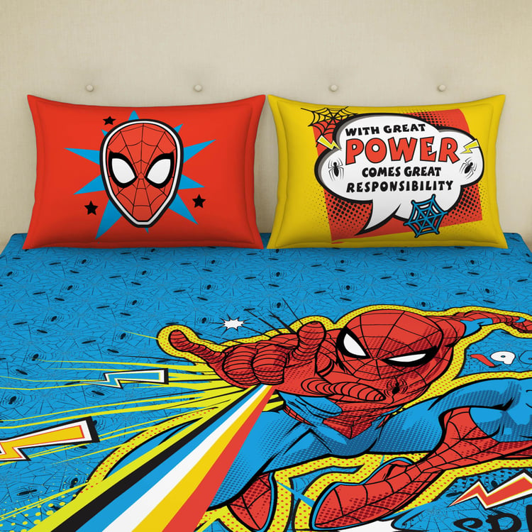 SPACES Marvel Spiderman Blue Printed Cotton Double Bedsheet Set-3pcs