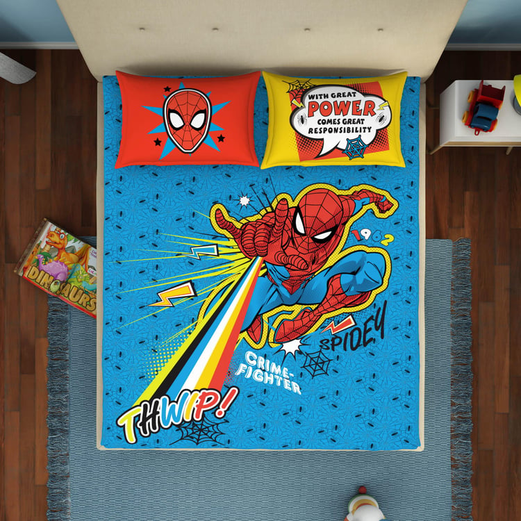 SPACES Marvel Spiderman Blue Printed Cotton Double Bedsheet Set-3pcs