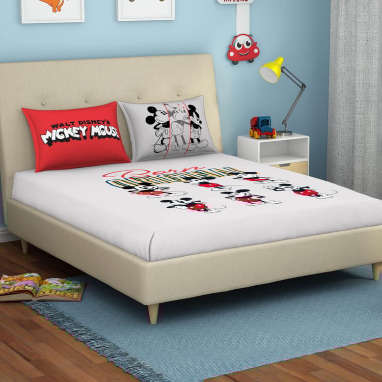 SPACES Disney Mickey Grey Printed Breathable Double Bedsheet Set-3Pcs